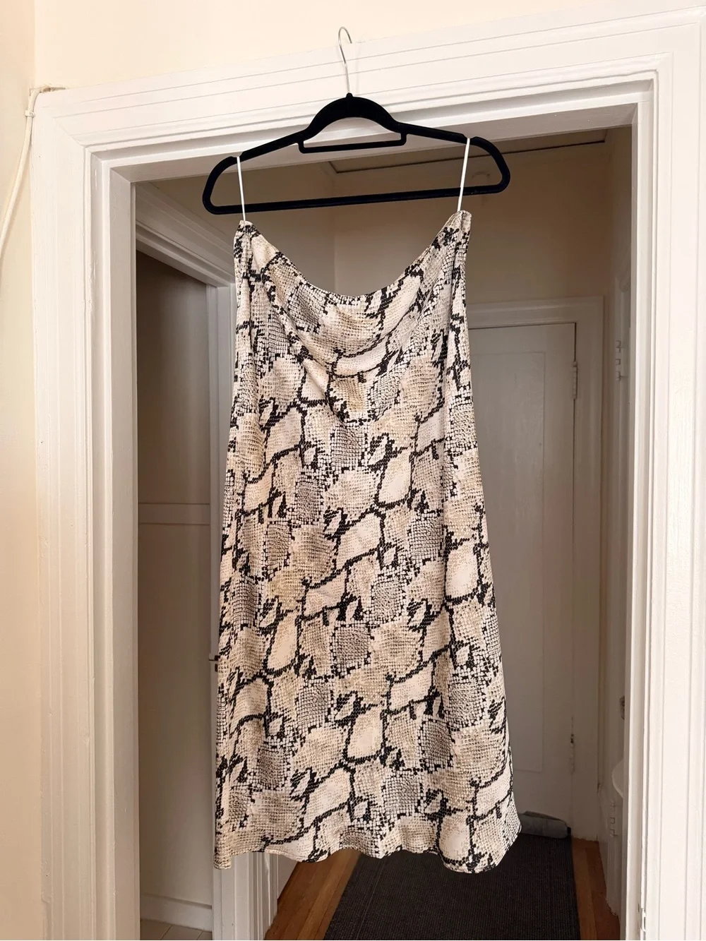 Satin Snake-Print Slip Dress in Cream and Black